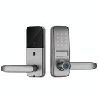 Silver lever-handle smart door lock, outer and inner panels side by side