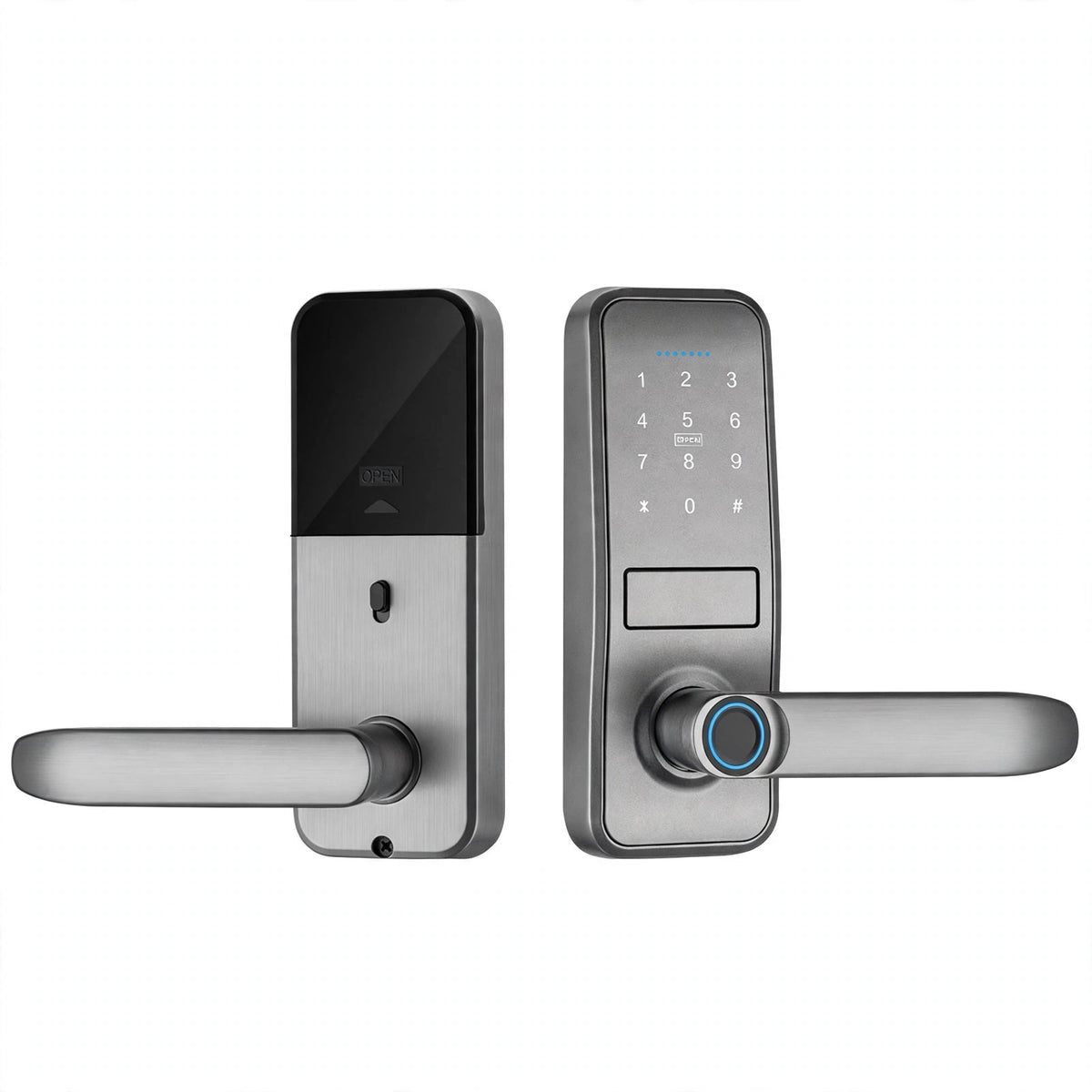Silver lever-handle smart door lock, outer and inner panels side by side