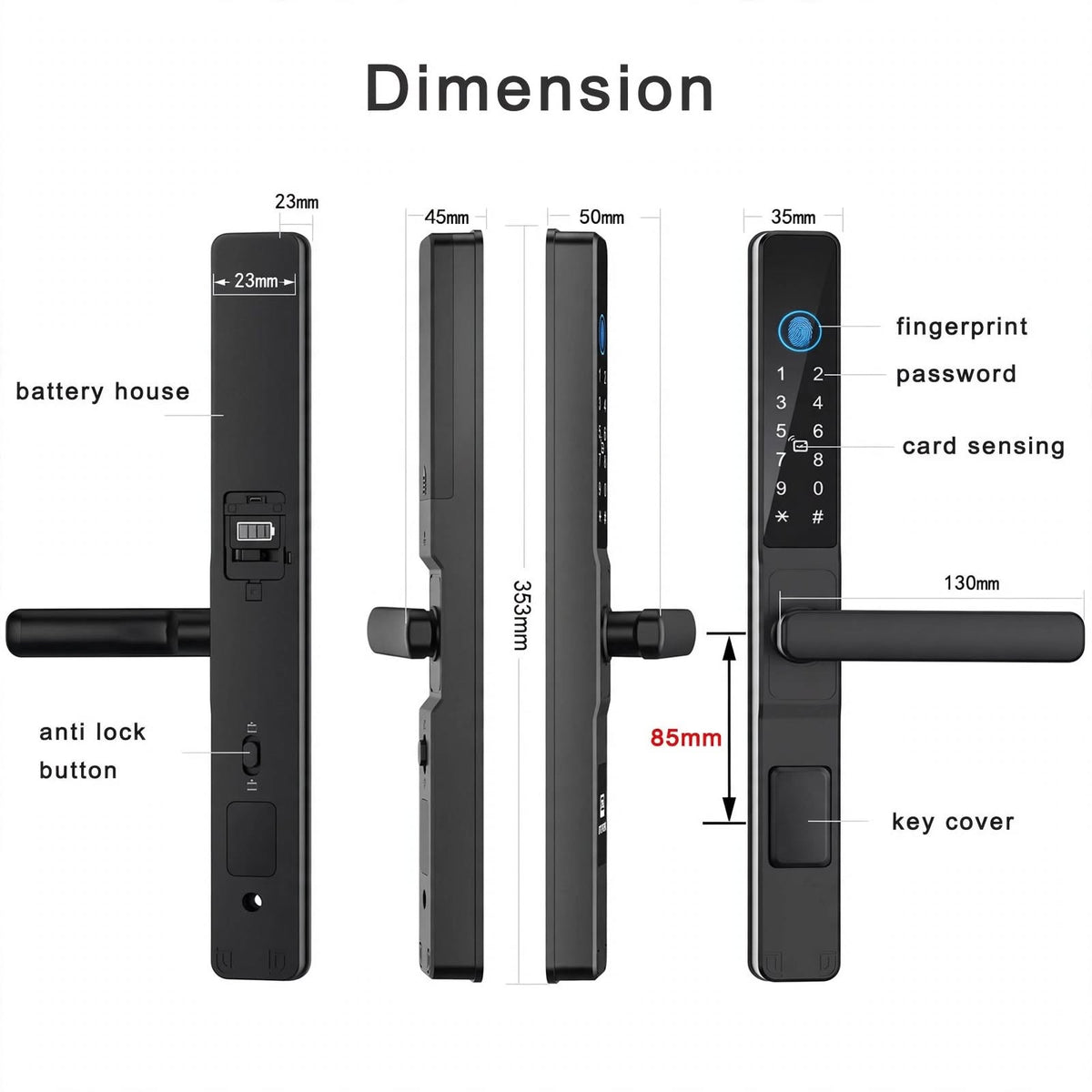 Dimension drawing of the long-handle smart door lock: 353 mm overall, 35 mm front panel, 23 mm rear panel, 130 mm handle, 85 mm centres
