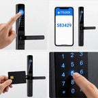 Four ways into the black smart door lock: fingerprint reader, TTLock app passcode, IC card and backlit keypad