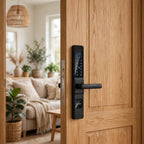 Black smart door lock fitted to a solid oak door, standing ajar onto a living room