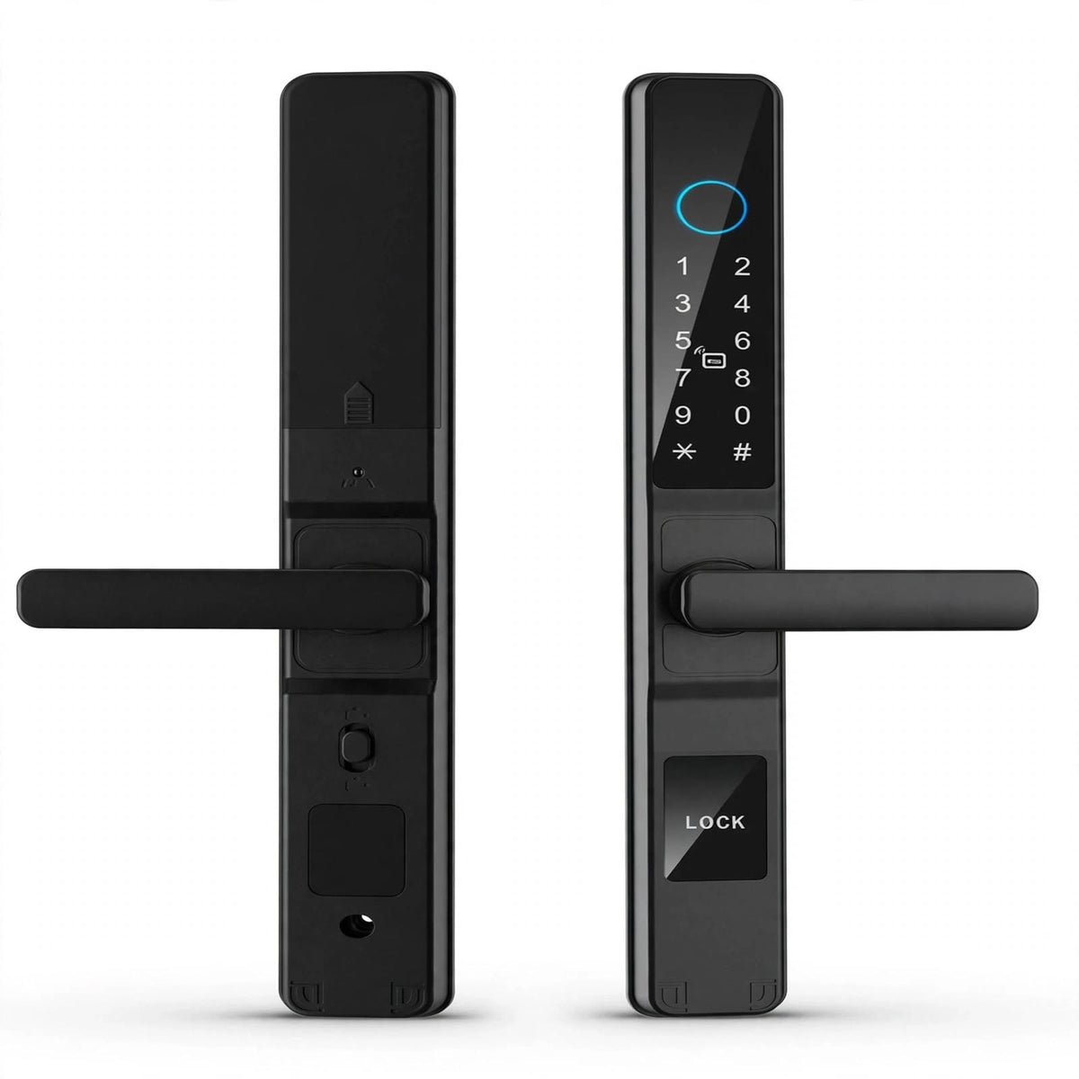 Matte black push/pull smart door lock, outer keypad panel and inner panel with bar handles