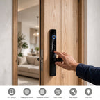 Hand pressing the black smart door lock keypad, with icons for app, fingerprint, password, card, key and USB unlock