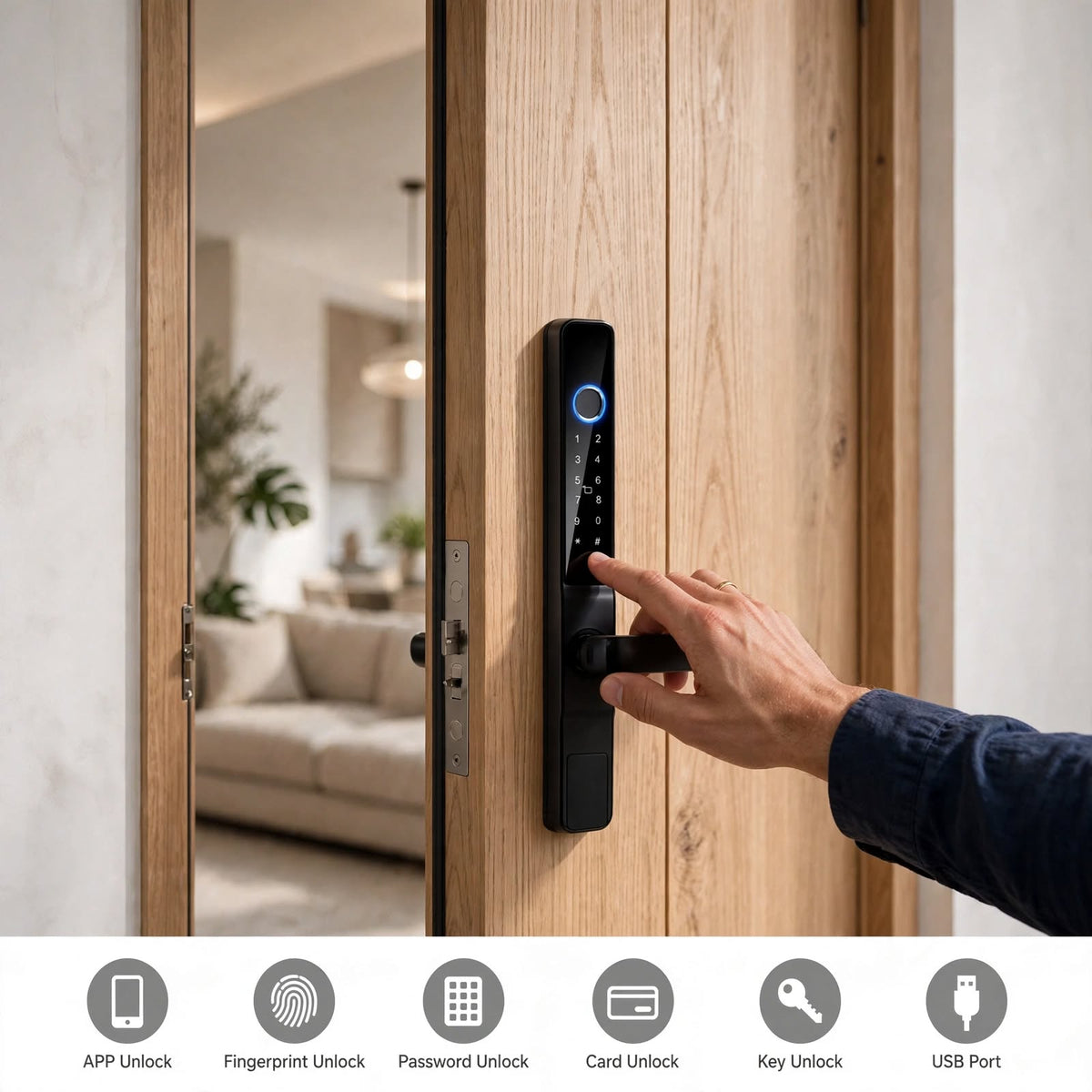 Hand pressing the black smart door lock keypad, with icons for app, fingerprint, password, card, key and USB unlock