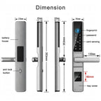 Dimension drawing of the silver long-handle smart door lock: 353 mm overall, 35 mm front panel, 23 mm rear panel, 130 mm handle, 85 mm centres