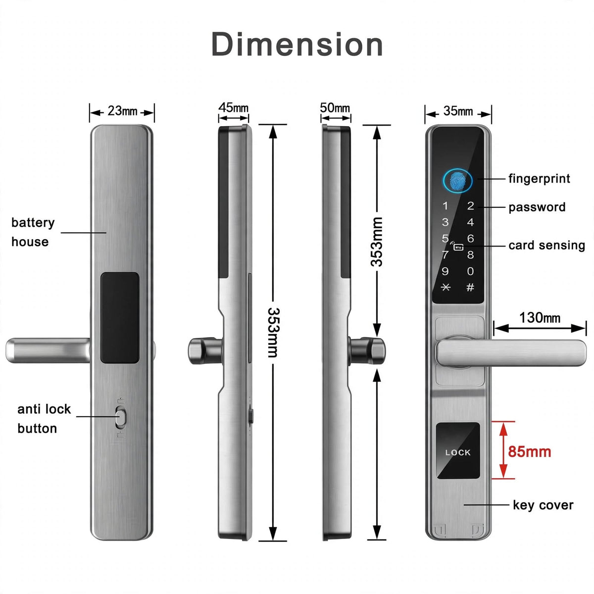 Lock dimensions: 353 mm overall, 35 mm front panel, 23 mm rear panel, 130 mm handle, 85 mm centres