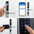 Four ways into the silver smart door lock: fingerprint reader, TTLock app passcode, IC card and backlit keypad