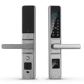 Brushed silver push/pull smart door lock, outer keypad panel and inner panel with bar handles
