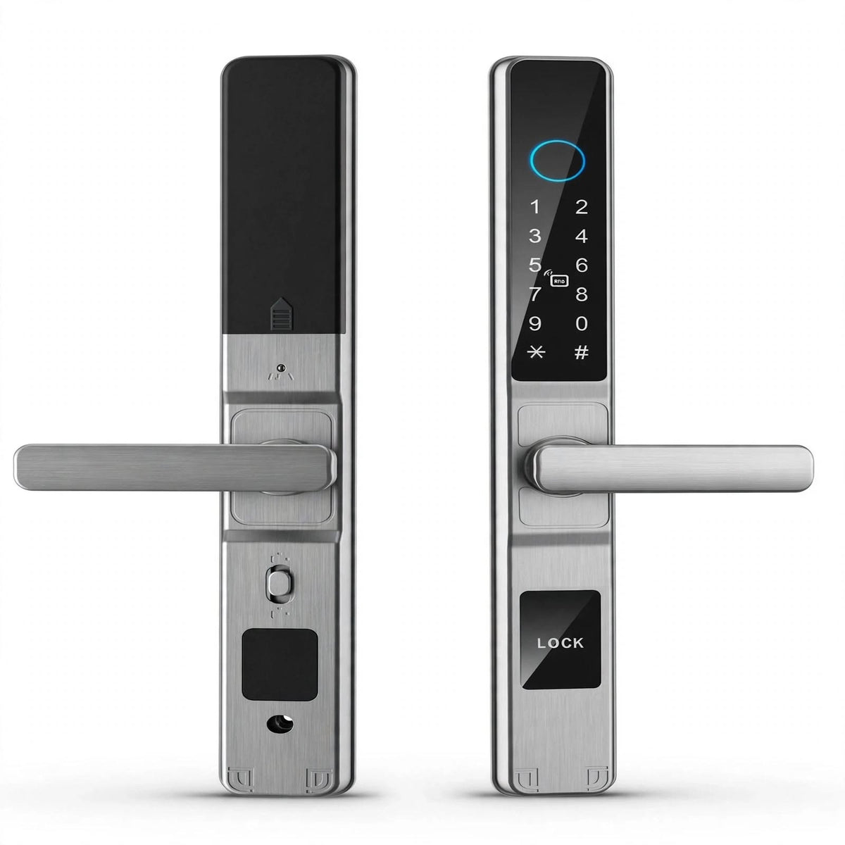 Brushed silver push/pull smart door lock, outer keypad panel and inner panel with bar handles