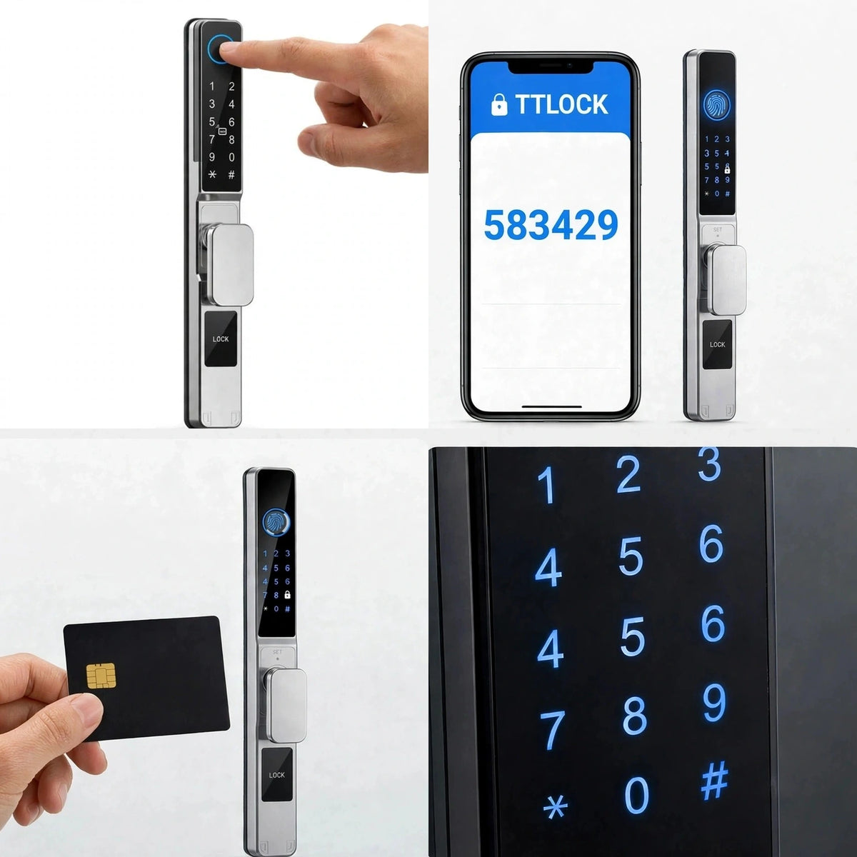 Four ways into the silver short-handle smart door lock: fingerprint, TTLock app passcode, IC card and backlit keypad