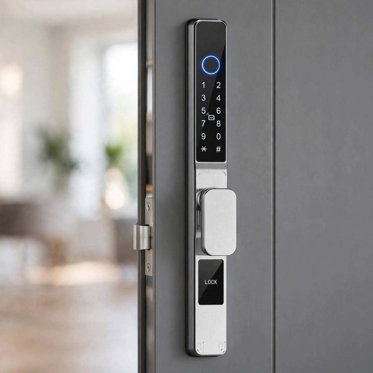 Silver short-handle smart door lock fitted to a grey entry door