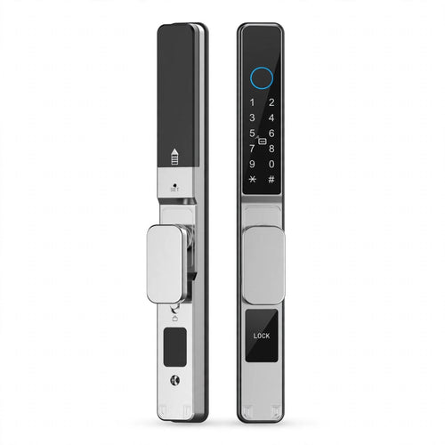 Brushed silver push/pull smart door lock with a short flush handle, outer keypad panel and inner panel