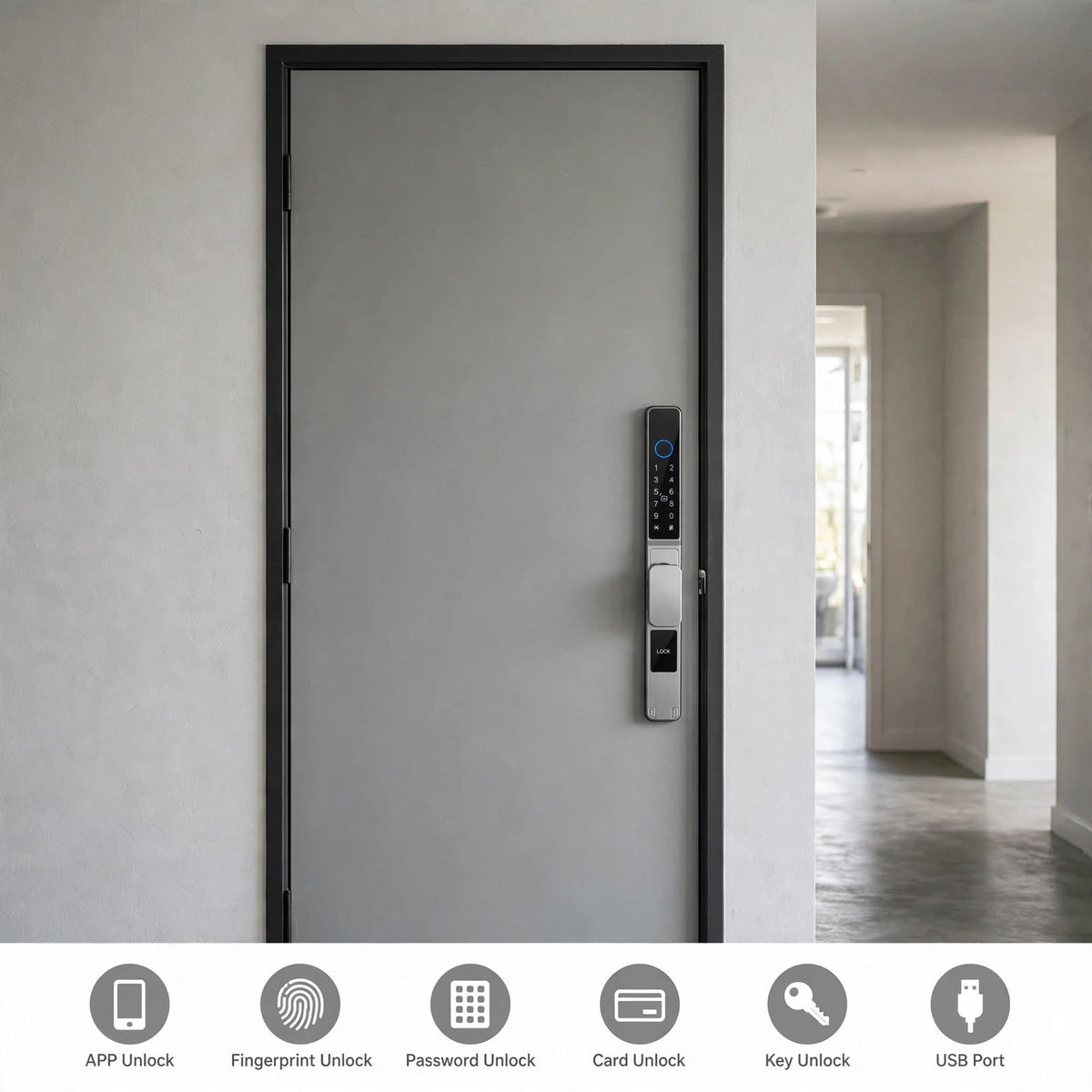 Grey entry door with the silver short-handle smart door lock, and icons for app, fingerprint, password, card, key and USB unlock